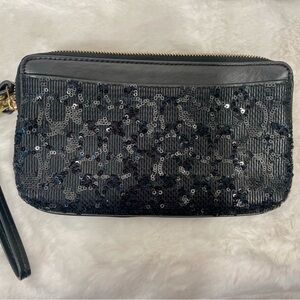 Coach Black Sequin Clutch Wristlet – Sparkly Evening Bag with Card Slots